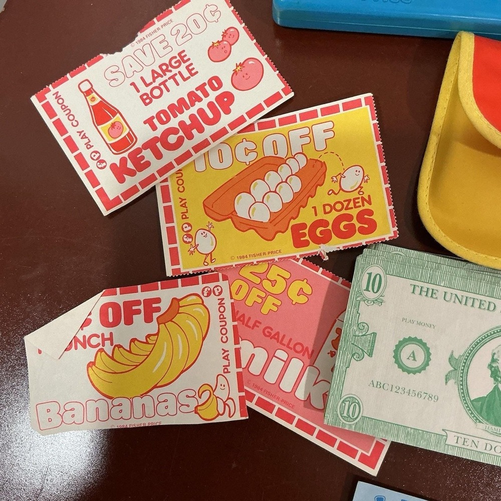 Vintage Fisher Price Little Helper Shopping Set Coins, Calculator, Wallet, Money - Picture 6 of 6